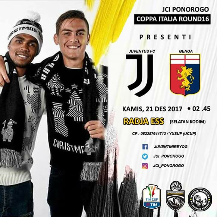 Jci_Ponorogo's tweet photo. #NextMatch #CoppaTIM #Roundof16:
⚽ Juventus vs Genoa
📆 Kamis, 21 Desember 2017
🕝 pukul 02.45 WIB
🏠 @radjaess
@JCIndonesia
#JuveGenoa https://t.co/9N4rr3suw9