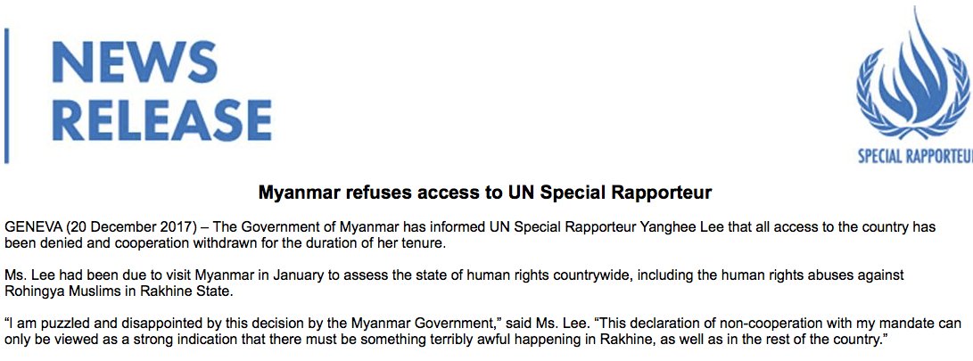Myanmar government tells U.N. rights rapporteur <a href="/YangheeLeeSKKU/">Yanghee Lee</a> that she will be denied access for the rest of her tenure. She says it's "a strong indication that there must be something terribly awful happening in Rakhine, as well as in the rest of the country.”