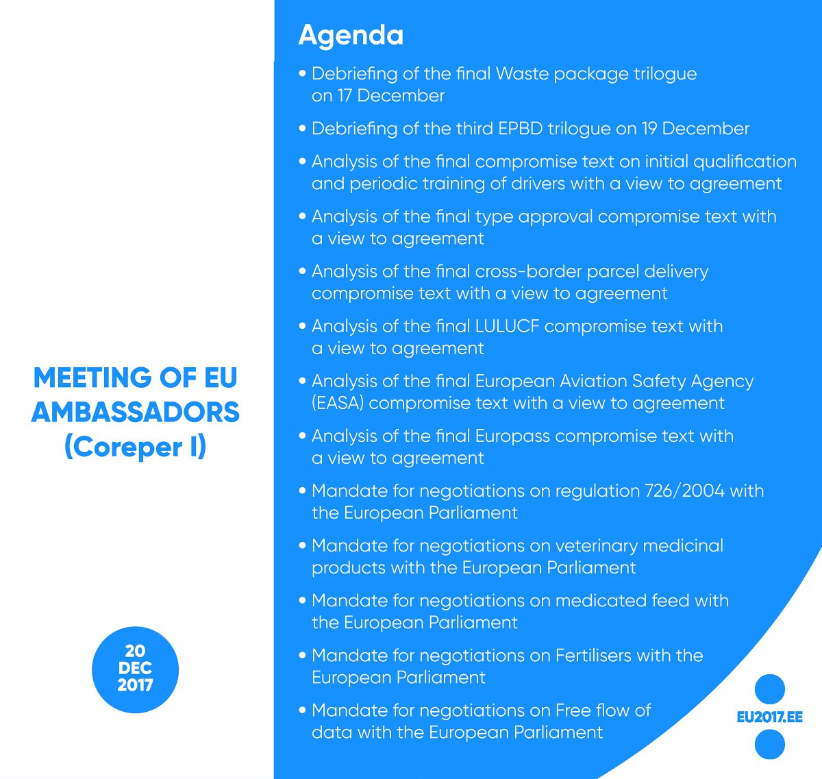 EEinEU's tweet photo. Here's the agenda for the final Coreper I meeting during #EU2017EE. We've made the agenda slide extra long for this occasion. https://t.co/NfUZKBgYd4