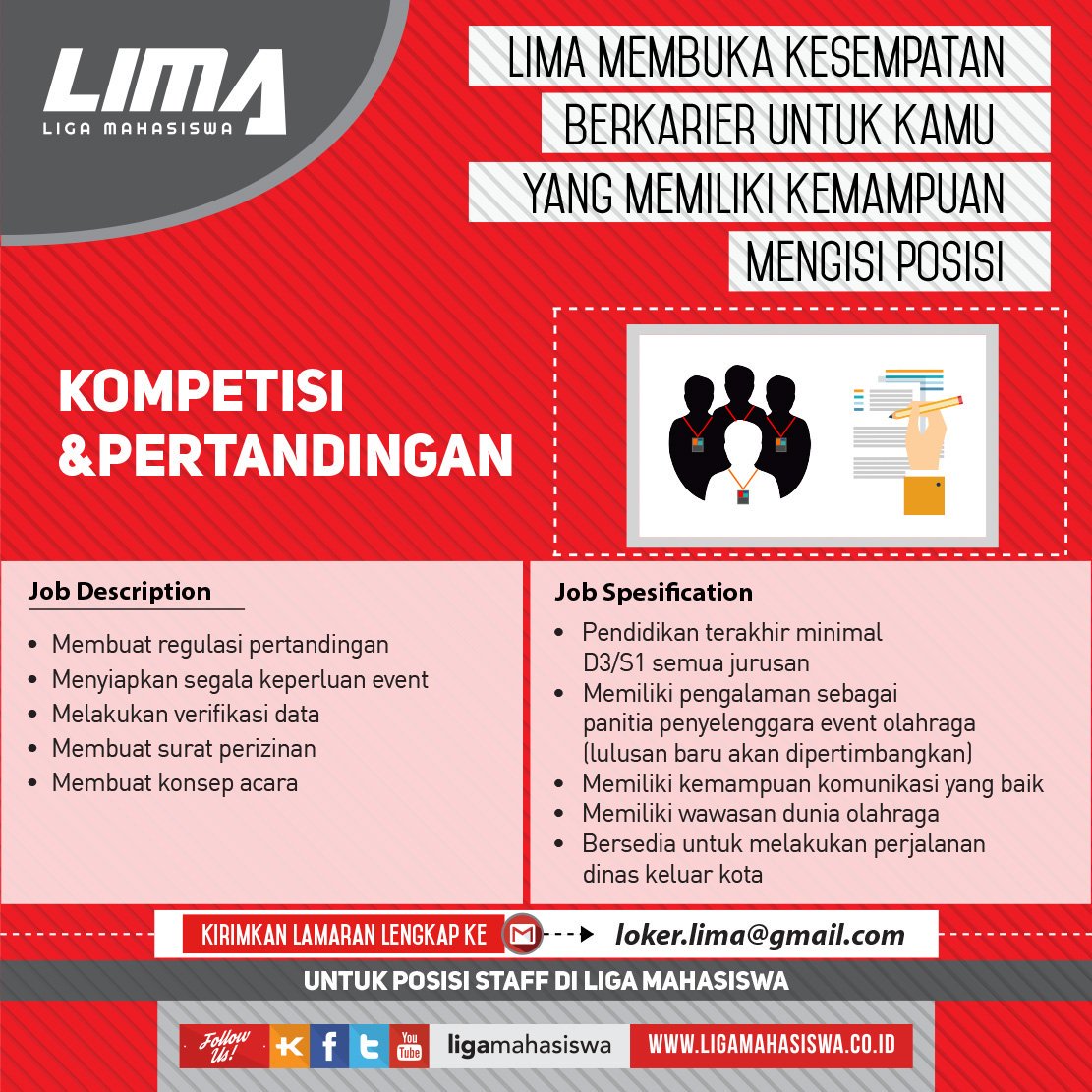 ligamahasiswa's tweet photo. [LOKER]

Liga Mahasiswa membuka kesempatan bagi kalian yang ingin bergabung. Buat kalian yang memiliki kemampuan untuk mengisi posisi, staff Kompetisi dan Pertandingan, Staff Fotografer, dan Staff Camera Person.

#LigaMahasiswa #LokerLIMA #Loker #Hiring https://t.co/VgOdg8Itsf