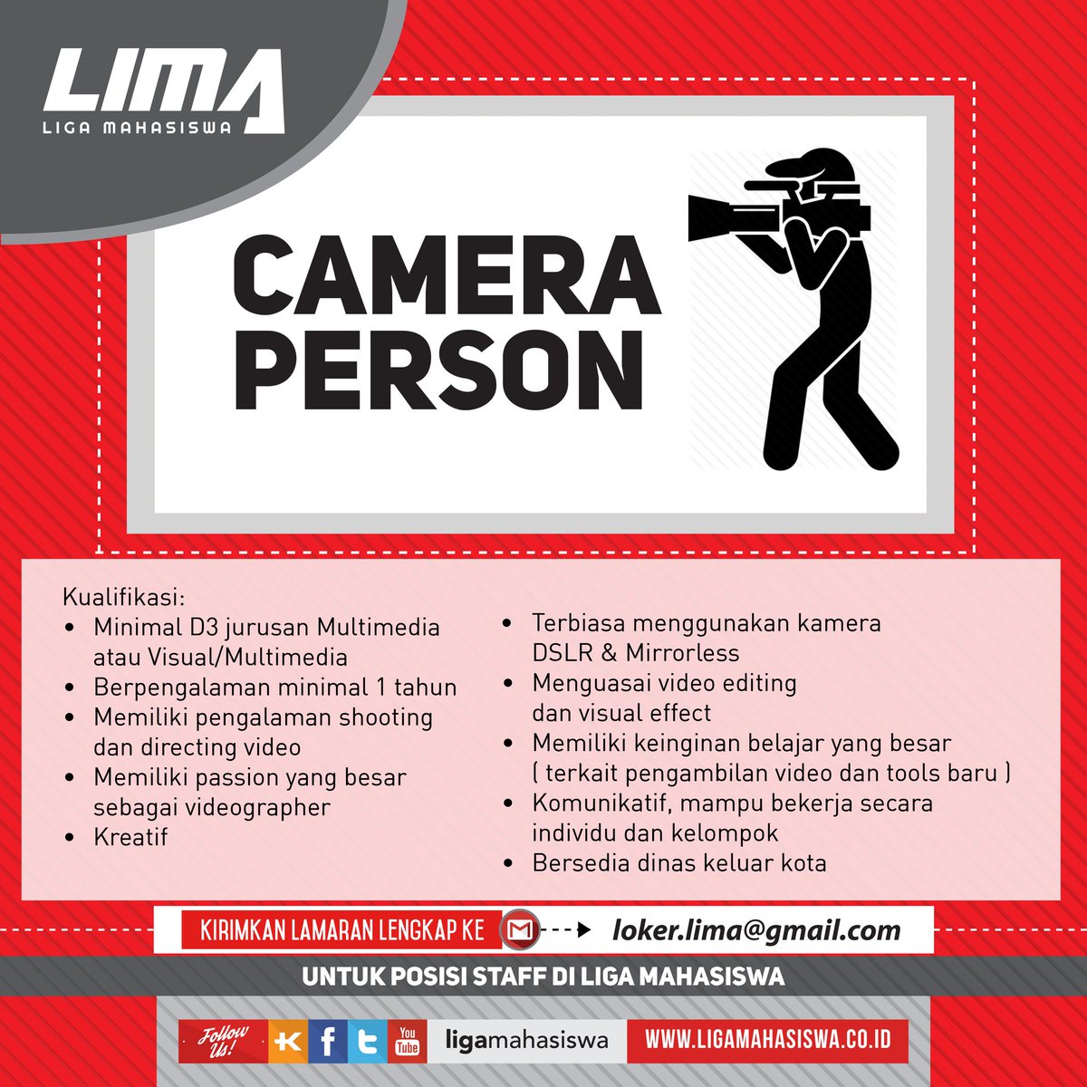 ligamahasiswa's tweet photo. [LOKER]

Liga Mahasiswa membuka kesempatan bagi kalian yang ingin bergabung. Buat kalian yang memiliki kemampuan untuk mengisi posisi, staff Kompetisi dan Pertandingan, Staff Fotografer, dan Staff Camera Person.

#LigaMahasiswa #LokerLIMA #Loker #Hiring https://t.co/VgOdg8Itsf