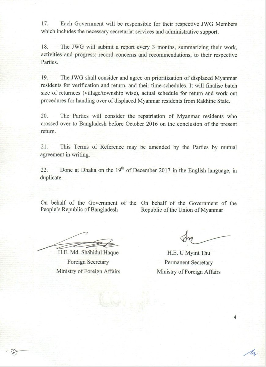 #Myanmar and #Bangladesh have signed off on the establishment of a joint working group to oversee repatriation of #Rohingya refugees "in a speedy manner". UN role ambiguous - to take part "as appropriate". Supposed to start by mid-Jan.