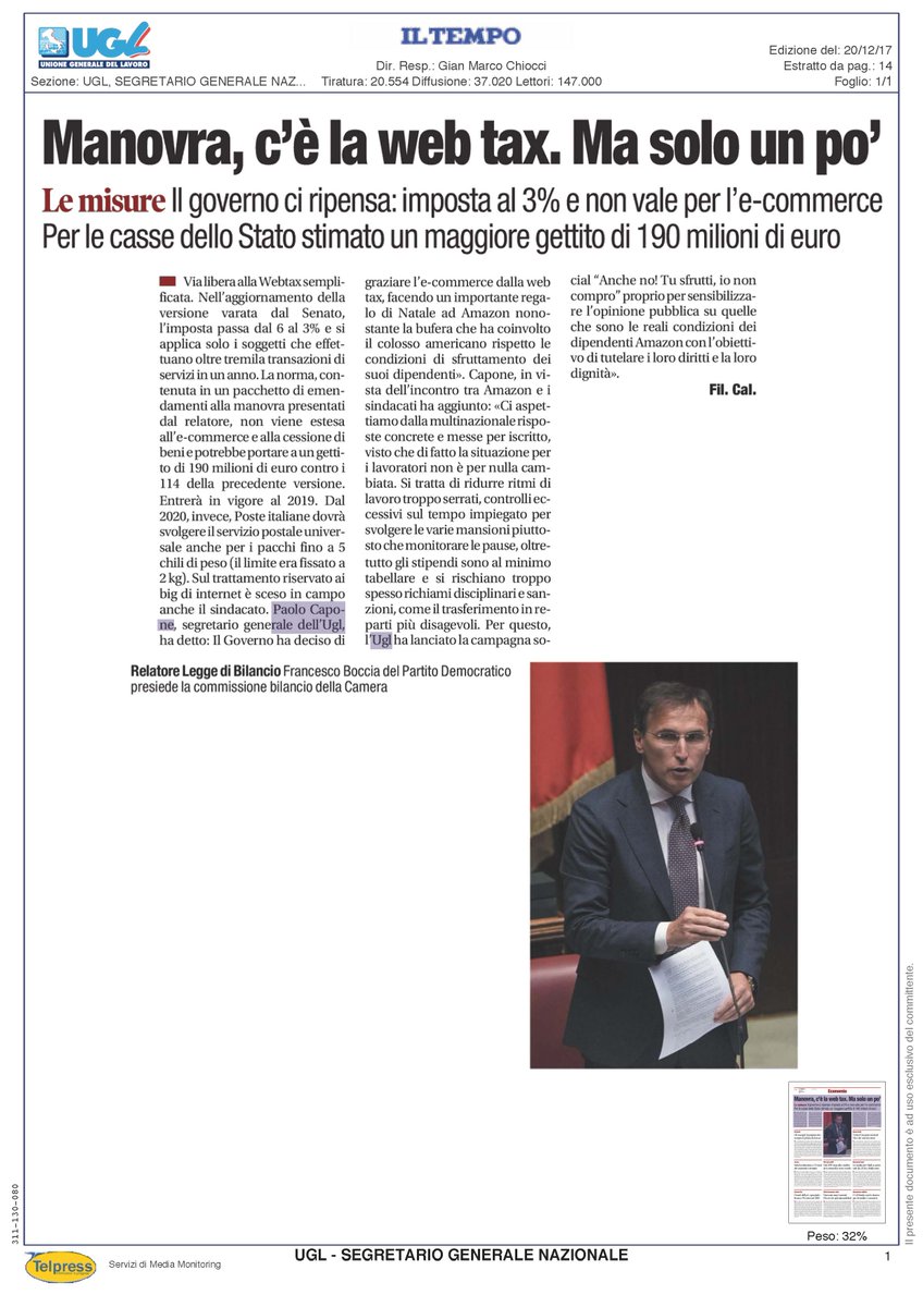 UGLConf's tweet photo. Il Segretario Generale @fpcapone "II Governo ha deciso di  graziare l'e-commerce dalla web tax, facendo un importante regalo di  Natale ad Amazon nonostante la bufera che ha coinvolto il colosso  americano rispetto le condizioni di sfruttamento dei suoi dipendenti» su @tempoweb https://t.co/9HABbUUU68