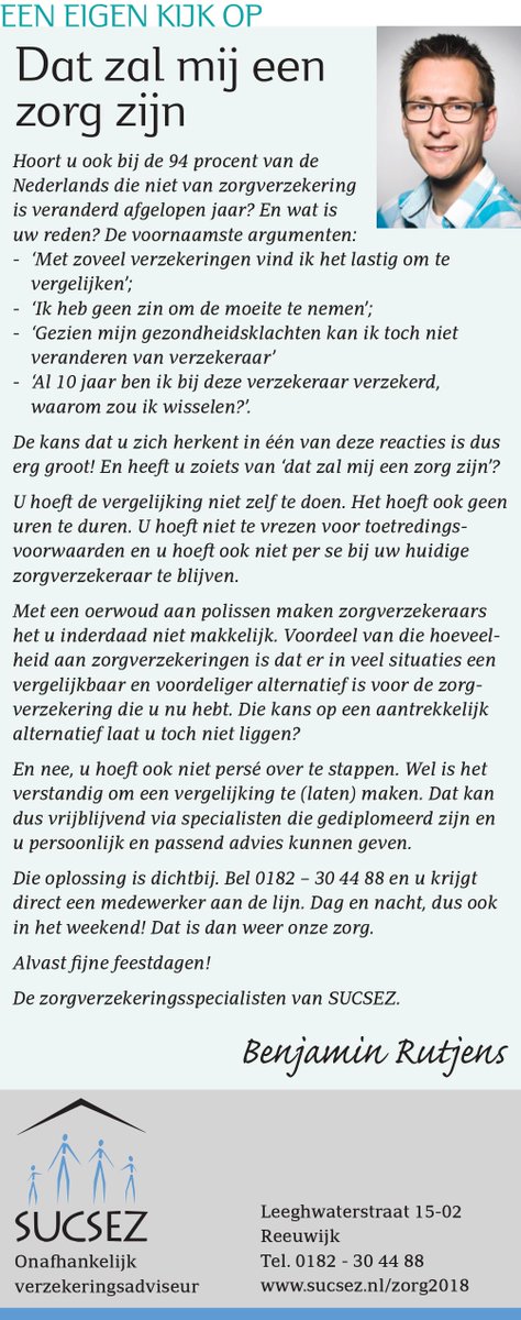 SUCSEZBV's tweet photo. Vandaag in de Kijk op Bodegraven-Reeuwijk een column van onze collega Benjamin, namens SUCSEZ. #zorgverzekering #zalmijeenzorgzijn https://t.co/IIOQZETNN3 https://t.co/ZtBvWRKT17