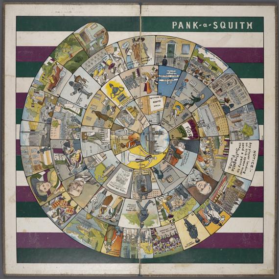 Rosball's tweet photo. #SuffrageAdvent No.20: Something to play at Christmas - Pank-a-Squith the 1909 WSPU board game. Race from home to Parliament, smashing windows and avoiding arrest along the way! https://t.co/oP750Rb6q5