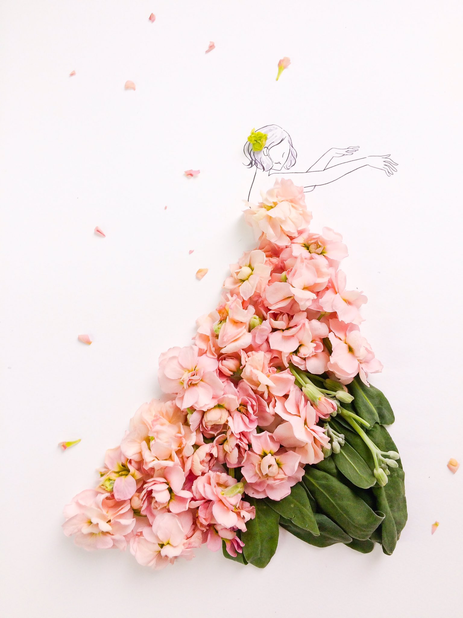 Twitter 上的 葉菜桜花子 ウェディングドレスできました ストックの萎れた花と葉を使ってドレスを描きました 花言葉 豊かな愛 愛の絆 T Co 1m8wsmfxpw Twitter
