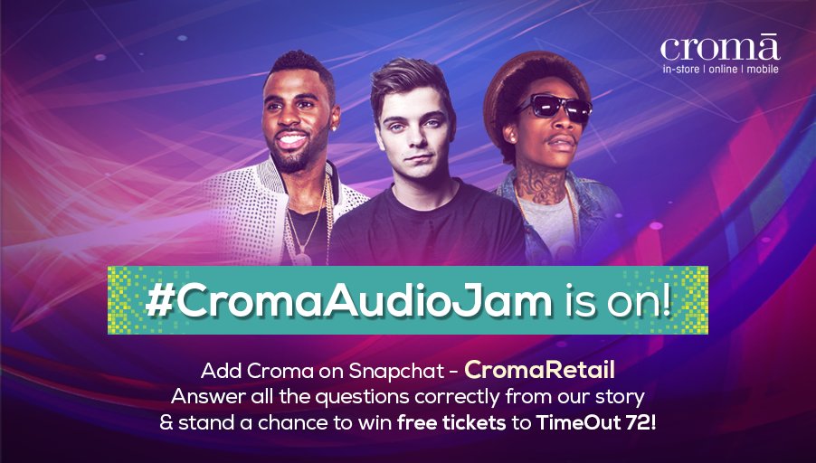 postaresume's tweet photo. Add CromaRetail on your Snapchat to win passes to #Timeout72, Goa! #CromaAudioJam contest is on! https://t.co/gTxaJp6p2U