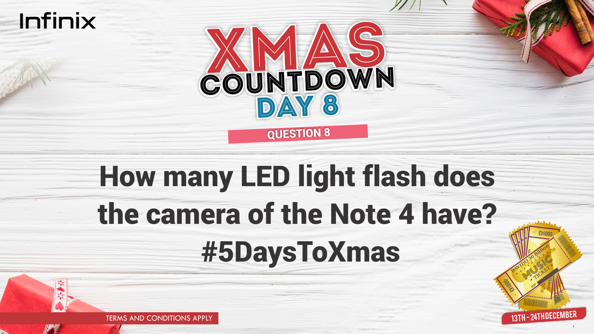 InfinixNigeria's tweet photo. Taking Charge of the #InfiniXmasCountdown has got to be easy when you know the device very well. So, do you know how many LED flash light the camera of the Note 4 have? #5DaysToXmas https://t.co/te53iZrkfq