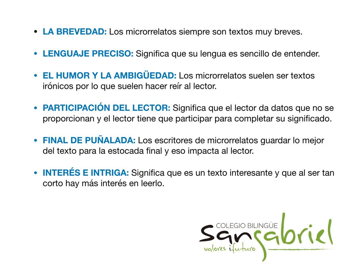 MICRORRELATO2B's tweet image. Aquí os dejo las características de los microrrelatos con sus definiciones 😃: