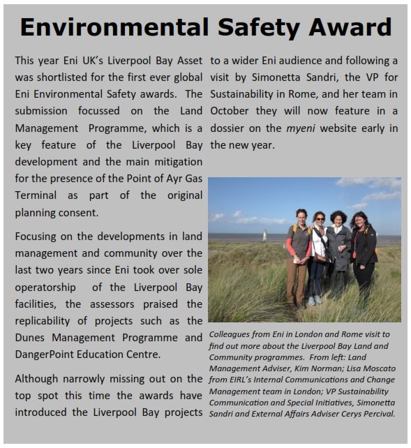 ExCALLimited1's tweet photo. @eni UK's LiverpoolBayAsset was shortlisted for the 1st ever global Eni Enivronmental Safety Awards due to the #landmanagement programme in which we are proud to say that our colleague Kim Norman works as a Management Adviser for Eni UK #workingtogether @DangerPointLtd #education https://t.co/ksGgrGz4fM