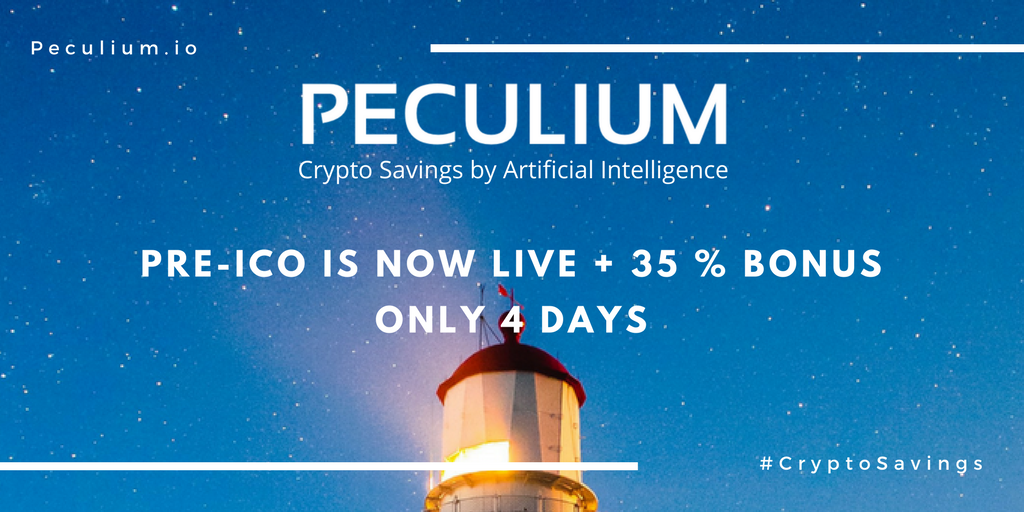 1 day left  for the 35% Bonus ! Hurry and get your tokens ! 🚀

peculium.io        
Join us on telegram: peculium.io/telegram        
#Peculium #AI #ICO #Bitcoin #investing #Ethereum #invest #Blockchain #fintech $ETH $DASH $LTC $BTC #tokensale #InitialCoinOffering