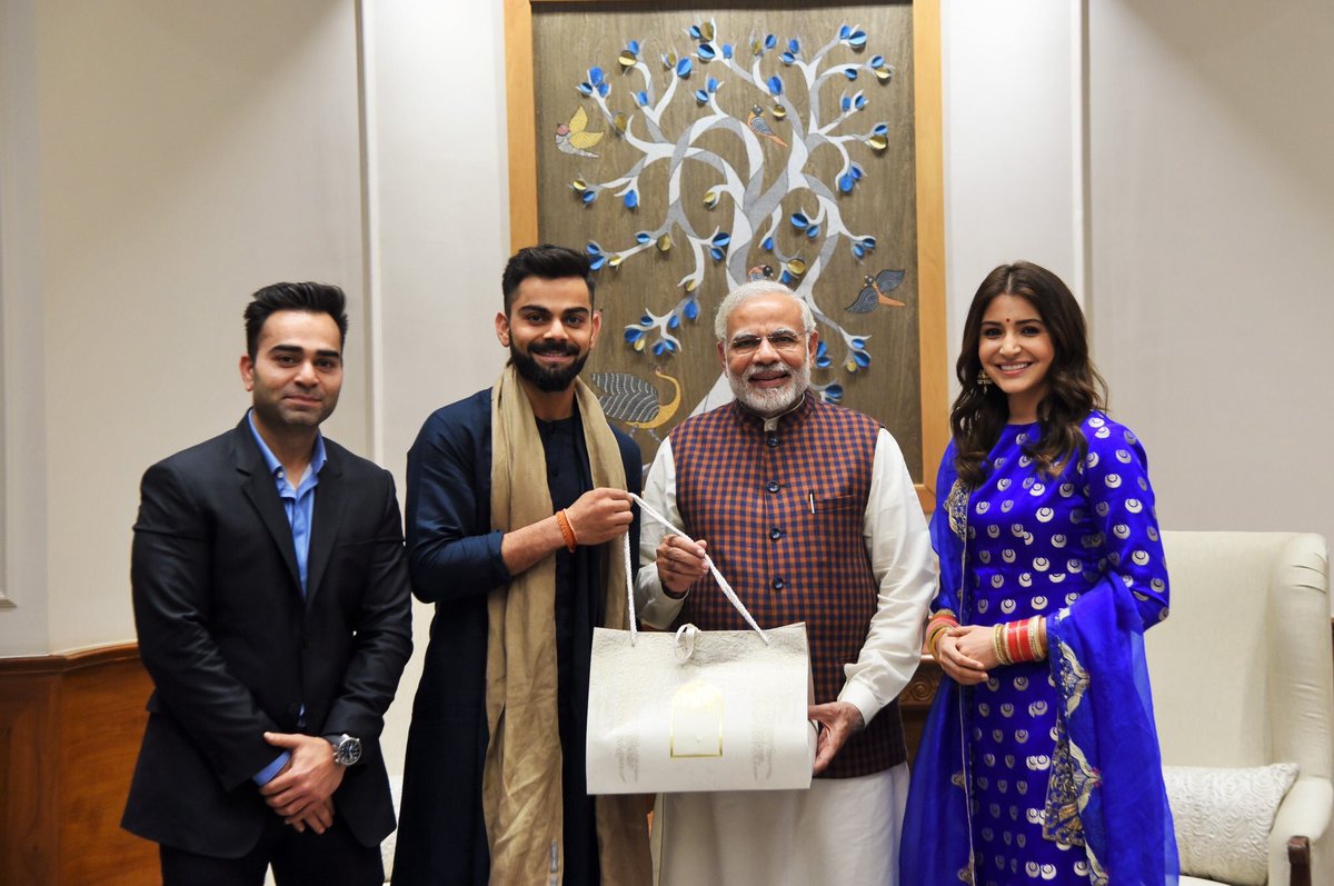  @AnushkaSharma,  @imVkohli & Vikas with PM  @narendramodi this evening   #Virushka  #VirushkaWedding