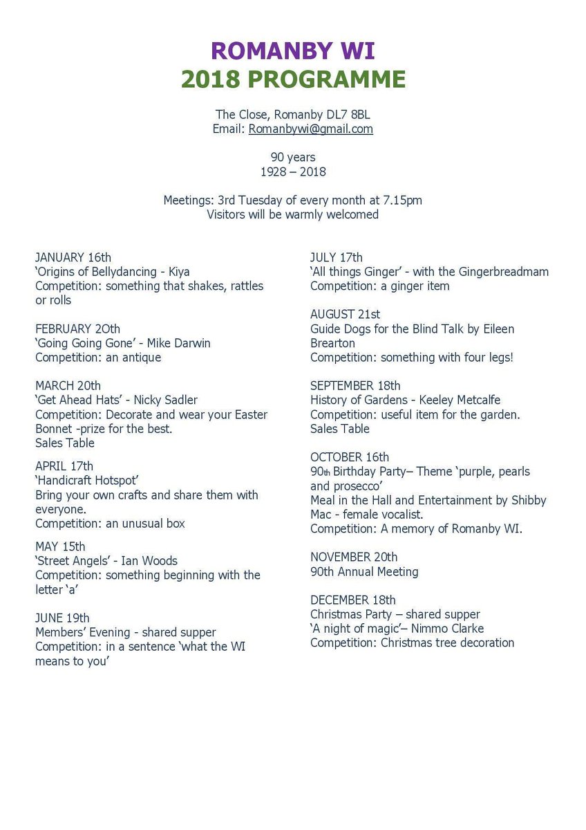 Quick reference programme for Romanby WI monthly members meetings