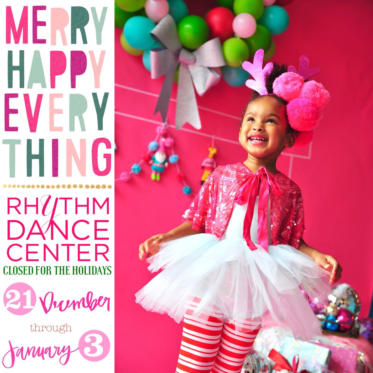 RhythmAtl's tweet photo. Rhythm will be closed for the Holidays December 21 thru January 3! We will re-open on January 4! Happy Holidays!! https://t.co/UYV7busdAR
