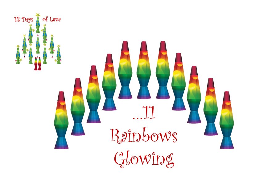 LavaLamp's tweet photo. On the eleventh day of Lava, my true love gave to me… 11 rainbows glowing. RT/Share to enter to win the new Rainbow #lavalamp! We'll announce the winner tomorrow, Dec. 21. Must have U.S. shipping address to win. #12DaysofLava https://t.co/C0U2BkQ7v6