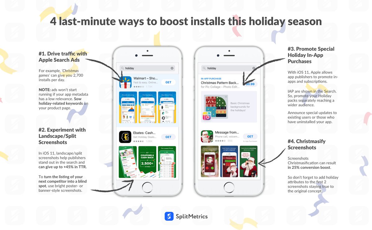 SplitMetrics's tweet photo. We've analyzed each &amp; every A/B test of holiday #apppages of our clients and give away 2 insightful infographics 🎅

You have 3 more days to optimize your #appstore pages and boost conversions.

Open, save, learn, boost!

#aso #appmarketing #infographics #marketing https://t.co/mp23rClXGq