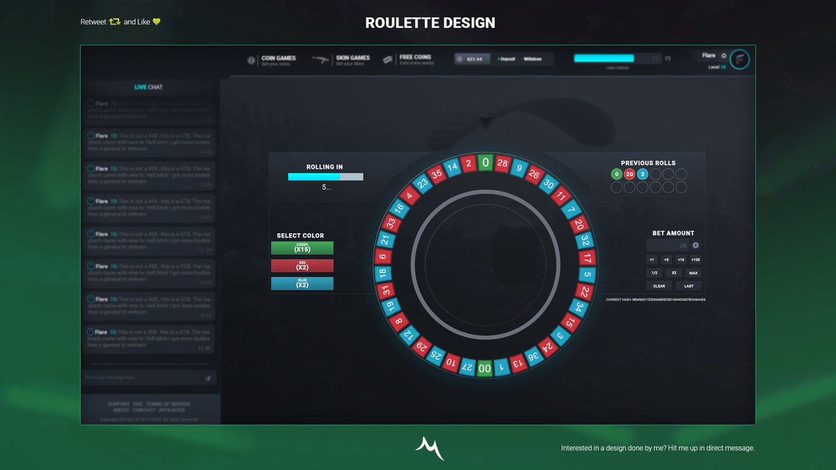 DhrMelvin's tweet photo. ROULETTE DESIGN for a client. 🔁 and ❤️ please! #roulette #uidesign #gfx https://t.co/mZIJhAnmWu
