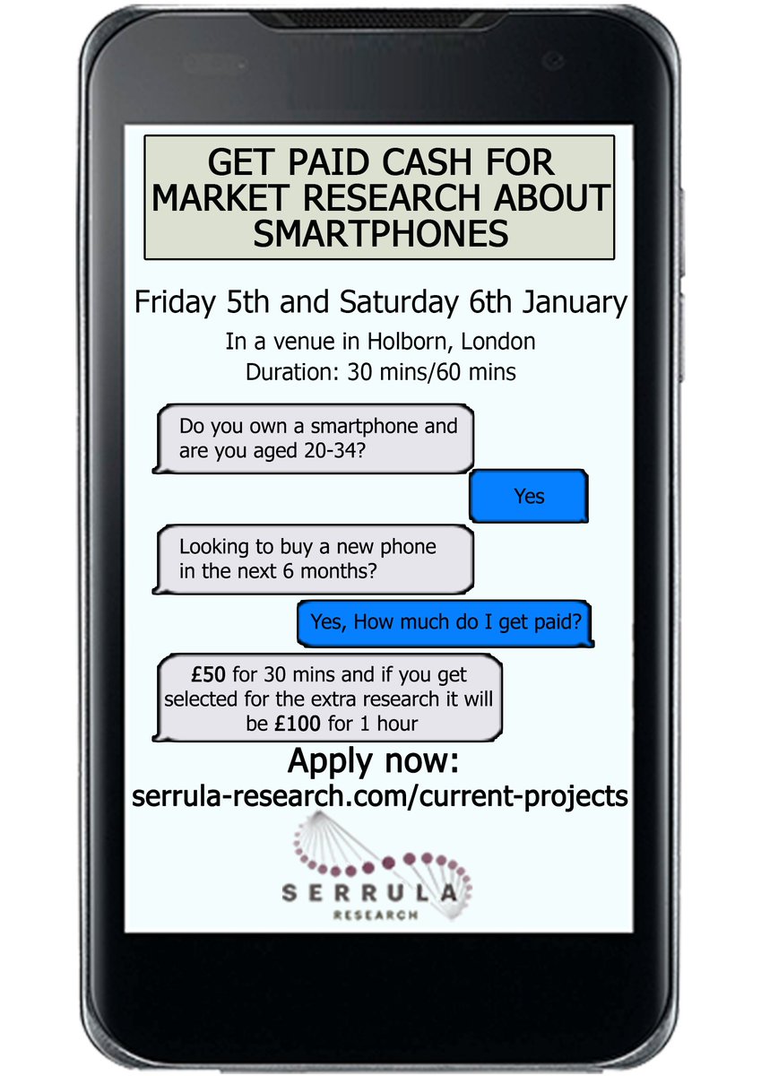 PaidResearchUK's tweet photo. New Smartphone Market Research
NEW DATES: Friday 5th & Saturday 6th January 2018
£50 cash for 30minutes
Holborn, central London
Are you 20-34 and looking to buy a new phone in the next 6 months? Apply now to take part:
https://t.co/jZ5C2e5DnB
#paidresearch #marketresearch #london https://t.co/box4AR9S47