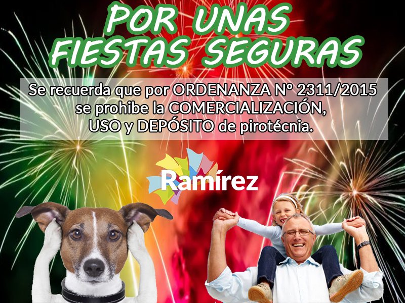 MuniRamirez1's tweet photo. EN ESTAS FIESTAS NO USES PIROTECNIA

Tratemos de evitar accidentes, incendios, molestias a personas que padecen los ruidos y a los animales domésticos ó silvestres.

CELEBREMOS LAS FIESTAS, CUIDÁNDONOS Y RESPETÁNDONOS.

RAMÍREZ SE MUEVE https://t.co/eKhX2zcvTR