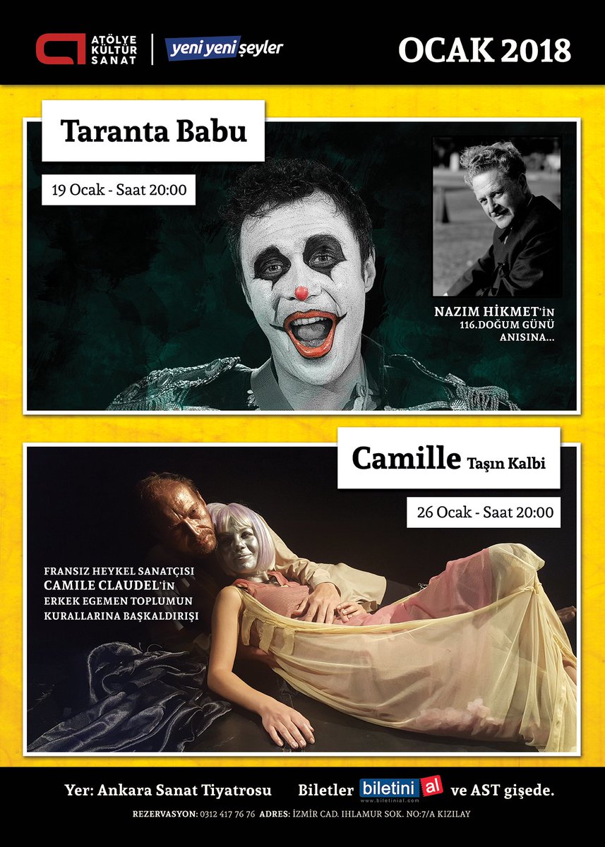 🎭 Tiyatro | @atolyekultur - <a href="/yeniyeniseyler/">Yeni Yeni Şeyler</a> Ocak 2018 Programı - Ankara Sanat Tiyatrosu  <a href="/ASTkurumsal/">Ankara Sanat Tiyatrosu</a> <a href="/tiyatrokeyfi/">Tiyatro Keyfi</a> <a href="/OyunSandal/">Oyun Sandalı</a> <a href="/biletinial/">Biletinial</a> 

19 Ocak - 20:00 - "Taranta Babu" 🎟 biletinial.com/tiyatro/tarant…
26 Ocak - 20:00 - "Camille: Taşın Kalbi"  🎟 biletinial.com/tiyatro/camill…