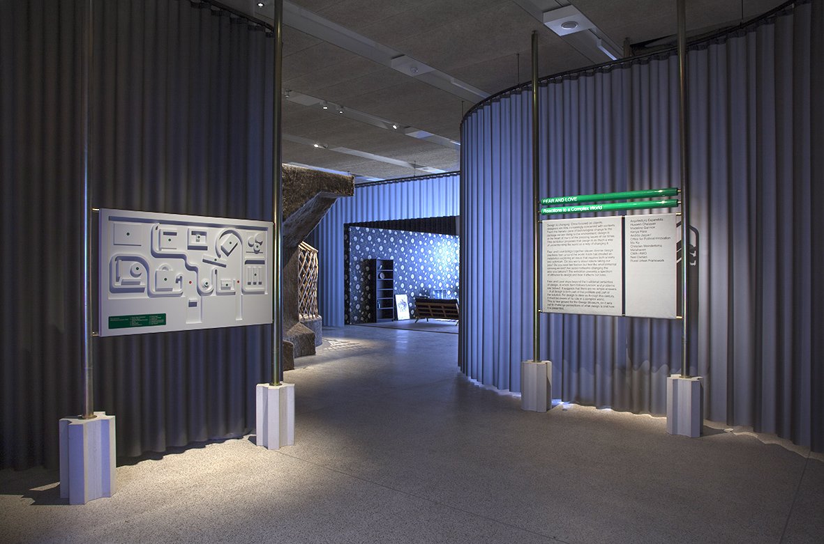 SamJacobStudio's tweet photo. Some highlights of our work this year: Fear &amp; Love at the Design Museum curated by Justin McGuirk closed in April. Our design created a soft baroque plan where curtains of varying material and transparency formed different spaces and atmospheres. Graphic design by OKRM. https://t.co/Ga4Zff8uOv