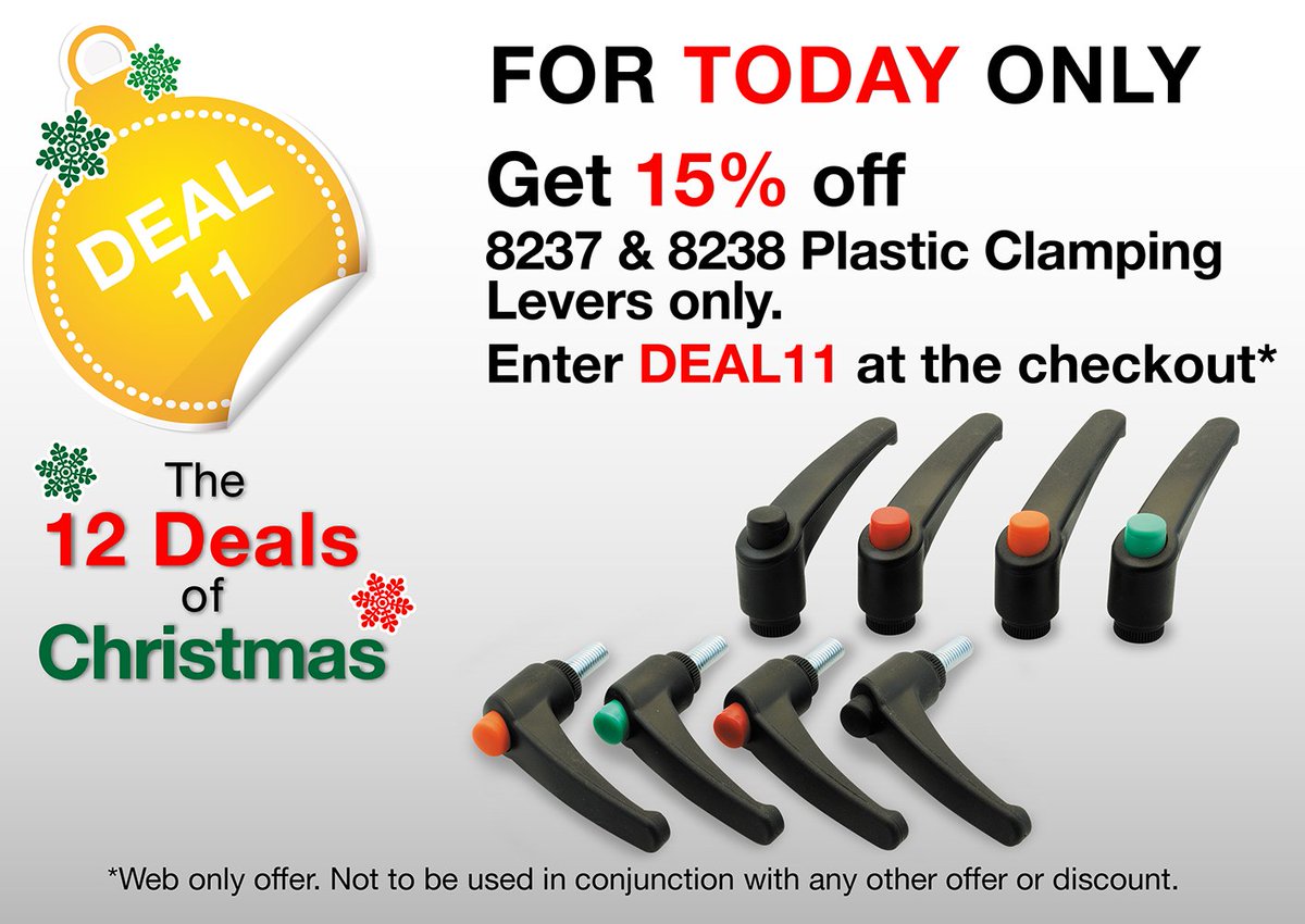 WDSBloodhound's tweet photo. #The12DealsofChristmas 
Deal 11 - Today Only! (20/12/17 GMT) Get 15% off 8237 &amp; 8238 Plastic Clamping Levers on our Website. Enter DEAL11 at the checkout. 
https://t.co/dWdfaLaQnF https://t.co/R6cVyQrJTi