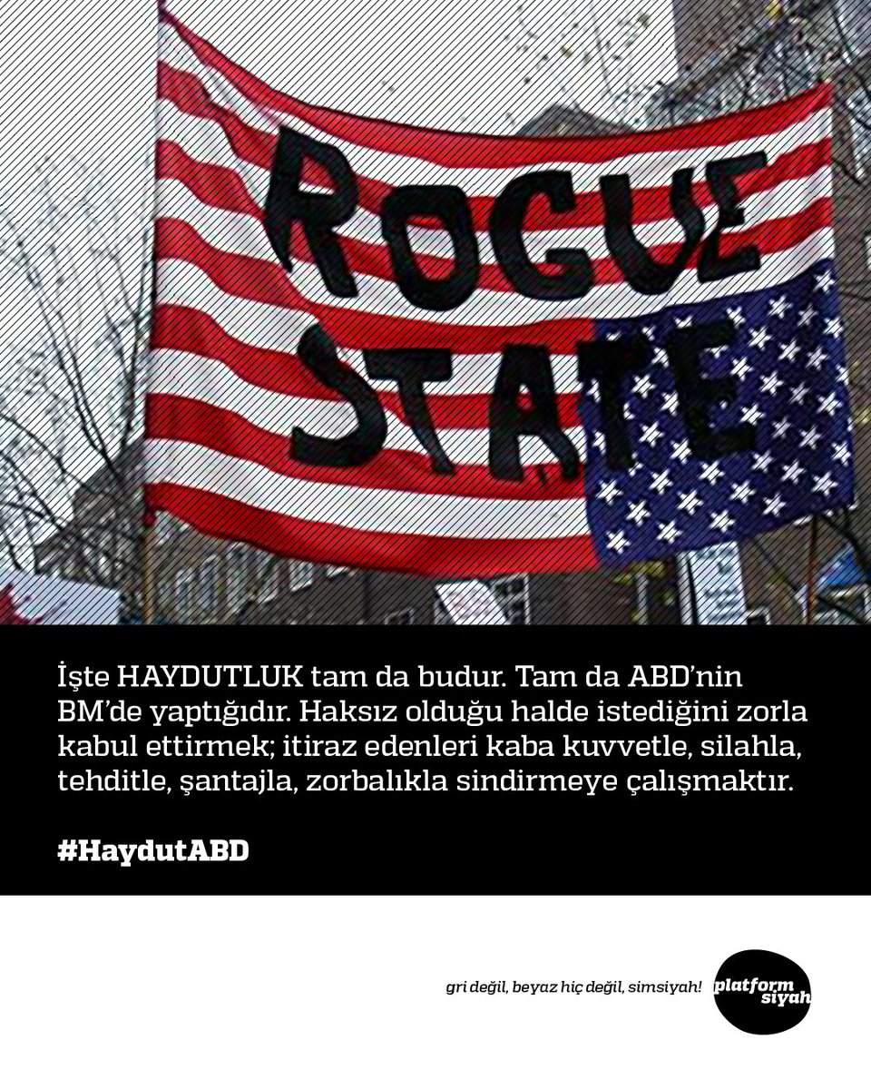 İşte HAYDUTLUK tam da budur. Tam da #ABD’nin #BM’de yaptığıdır. Haksız olduğu halde istediğini zorla kabul ettirmek; itiraz edenleri kaba kuvvetle, silahla, tehditle, şantajla, zorbalıkla sindirmeye çalışmaktır.

#HaydutABD