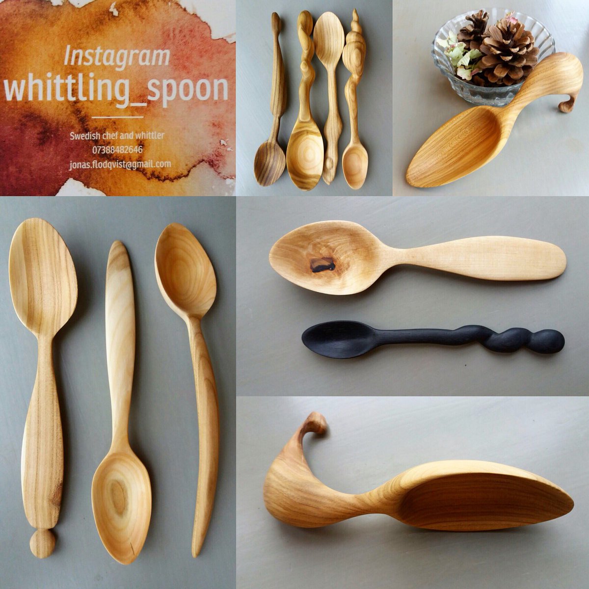 The multitalented Jonas Flodqvist, one of our Café chefs, will be showcasing his whittling skills on Saturday.  The extraordinarily beautiful and tactile spoons Jonas creates out of Cherry wood, Sumac and Bog Oak are now for sale in the shop.