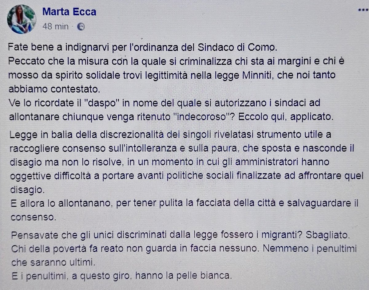 MartaEcca's tweet photo. Pensavate che gli unici discriminati dalla legge Minniti fossero i migranti? Sbagliato.
Chi della povertà fa reato non guarda in faccia nessuno. Nemmeno i penultimi, che saranno ultimi.
E i penultimi, a questo giro, hanno la pelle bianca.

#Como https://t.co/SapyZUdSiF