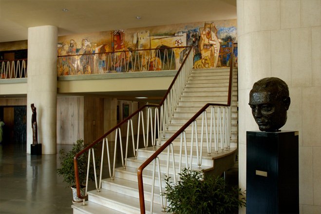 TIFRScience's tweet photo. TIFR's iconic mural by M F Husain was commissioned in 1962-63 and graces the mezzanine floor #TIFRArt @ChemouldPrescot @DAEIndia https://t.co/XyRgqN9PVs