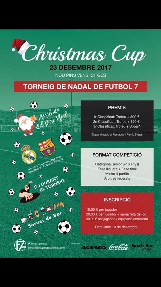 Avui toca #sorteig a l' <a href="/SBSitges/">Sports Bar Sitges</a>, es decidiran els grups de la #SitgesChristmasCup. Esteu llestos? El 23/12 Futbol 7, Madrid-Barça i diversió per a tota la família amb #PareNoel, pantalla gegant per a veure el Clàssic, DJ <a href="/NuriaScarp/">Nuria Scarp</a> amenitzant el dia i moltes més sorpreses...