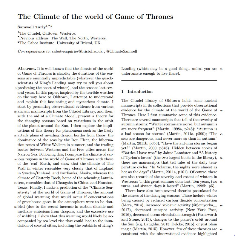 alexkeysjackson's tweet photo. There's a climate model for @GameOfThrones &amp; a paper in the 'Philosophical Transactions of the Royal Society of King's Landing'. Brilliant 😂https://t.co/tBIoz0nIfm https://t.co/PwXBqBT5K2