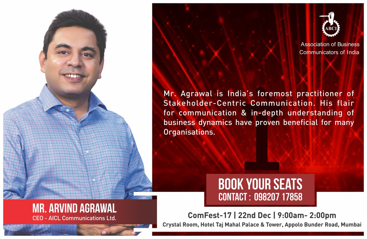 abci_official's tweet photo. Mr. Arvind Agrawal, CEO – AICL Communications Ltd, Key Speaker at ABCI COMFEST-17.
Book Your Seats for the seminar on 22nd Dec 2017. 
For more details contact 9820717858
#ABCI #COMFEST17 #KeySpeaker #BrandBuilding https://t.co/UqJ8aK0MBF