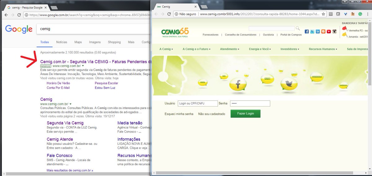 Hey <a href="/cemig_energia/">Cemig</a> !!! Tem golpe envolvendo vocês. No computador, ao pesqusar "CEMIG" no google, o primeiro link (que é anuncio) diz que é o site da CEMIG mas direciona para um site impostor que baixa um arquivo EXE!!!! Faça denúncia no google para tirar este link... Isto é GRAVE