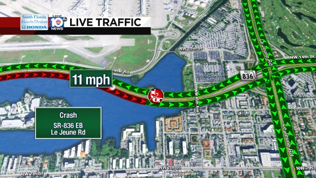 Crash on SR-836 EB approaching Le Jeune Rd #traffic https://t.co/dnh0rw6okr