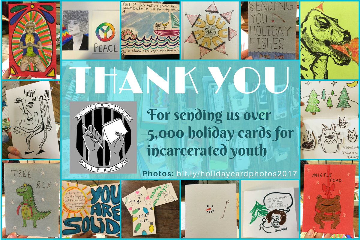 liberationlib's tweet photo. 🌟THANK YOU🌟 Over 5,000 holiday #liblibcards received this year! Thousands of young people caged in prisons during this holiday season will have their day brightened by your beautiful creations. Check out our photo album and get inspired for next year: https://t.co/rA2uPSGjvp https://t.co/vU2LKtXR7N