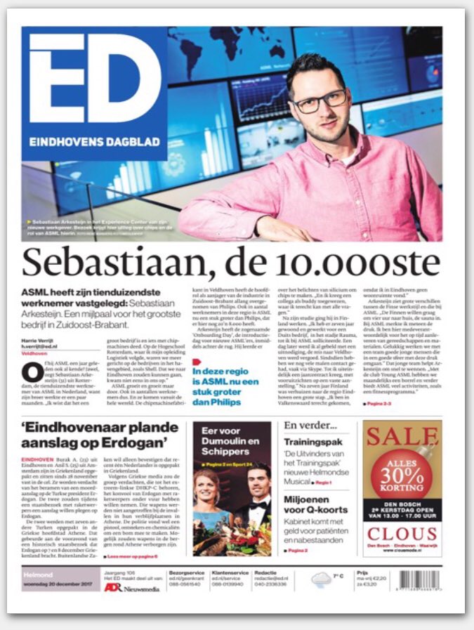 For this one time, we’re kinda proud to number an employee. 😉 We welcome employee number 10,000 in Veldhoven: Sebastiaan Arkesteijn! ed.nl/asml/asml-is-m…