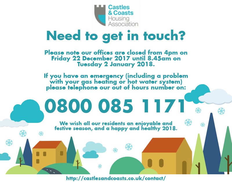 TwoCastlesHA's tweet photo. Our offices are closed from 4pm Fri 22 Dec 2017 until 8.45am Tue
2 Jan 2018. If you have an emergency repair (including a problem with your gas
heating or hot water system) please telephone our out of hours number on 0800
085 1171. For more info, visit: https://t.co/4JioTsvrGA https://t.co/BLz0obqMXa