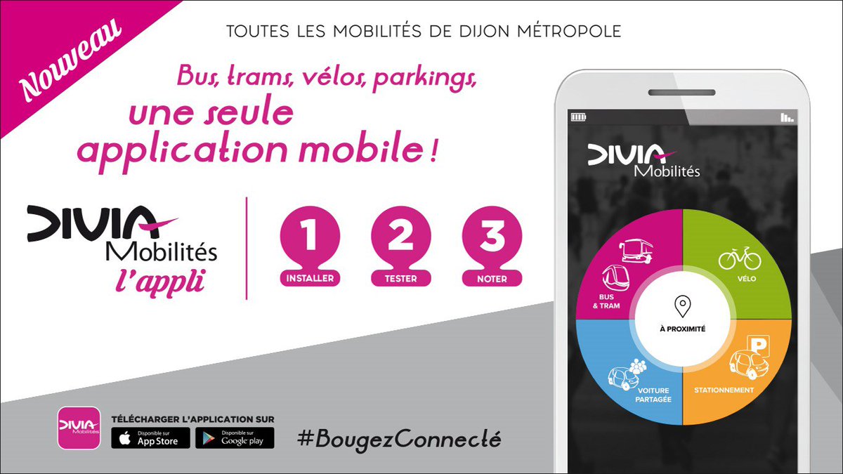 DiviaMobilites's tweet photo. ÉVÉNEMENT: la nouvelle appli DiviaMobilités est sortie!🙂📱 Bus, trams, vélos, stationnement... Toutes les mobilités de Dijon métropole réunies sur une appli unique! Info sur https://t.co/UPFH3kjlHo
Installez, testez, notez! #BougezConnecté
#DiviaMobilités #DijonMétropole @dijon https://t.co/eZRgTindof