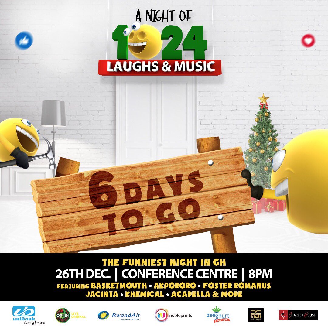 CharterhouseGH's tweet photo. 6 MORE DAYS TO THE 24th EDITION OF THE FUNNIEST NIGHT IN GH!!...with the KING @basketmouth,and many more! A night of 1024 Laughs and Music, 26/12/17 @ the Accra International Conference Centre. #1024 #boxingday #comedynight #saveyourlaughter https://t.co/gtkBRju8ab