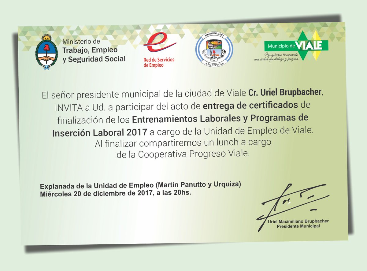 MuniVialeER's tweet photo. #EntregaDeCertificados
Esta noche a partir de las 20 hs., en la Oficina de Empleo local, se entregarán los certificados de los #EntrenamientosLaborales y Programas de #InserciónLaboral realizados durante el corriente año.
Todos cordialmente invitados. https://t.co/2o6FZxHt3y