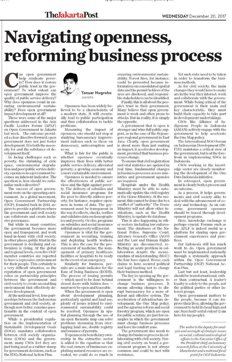 yanuarnugroho's tweet photo. My piece in the @jakpost today on whether open government matters in development, in making people's life better. A reflection from #APLF2017 last week. Enjoy! @opengovpart @OpenGovIndo @BappenasRI https://t.co/9NpnUu9K5r