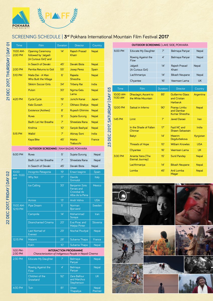 Bhajumahesh's tweet photo. Happening from tomorrow.
Dear friends of #Pokhara, kindly participate this 'Once in a Year' moment to watch world-class films from the world at 3rd #PIMFF- 2017 at Pokhara City Hall, Pokhara. Free Entrance! @PokharaIMFF https://t.co/8P8KHGUEn8