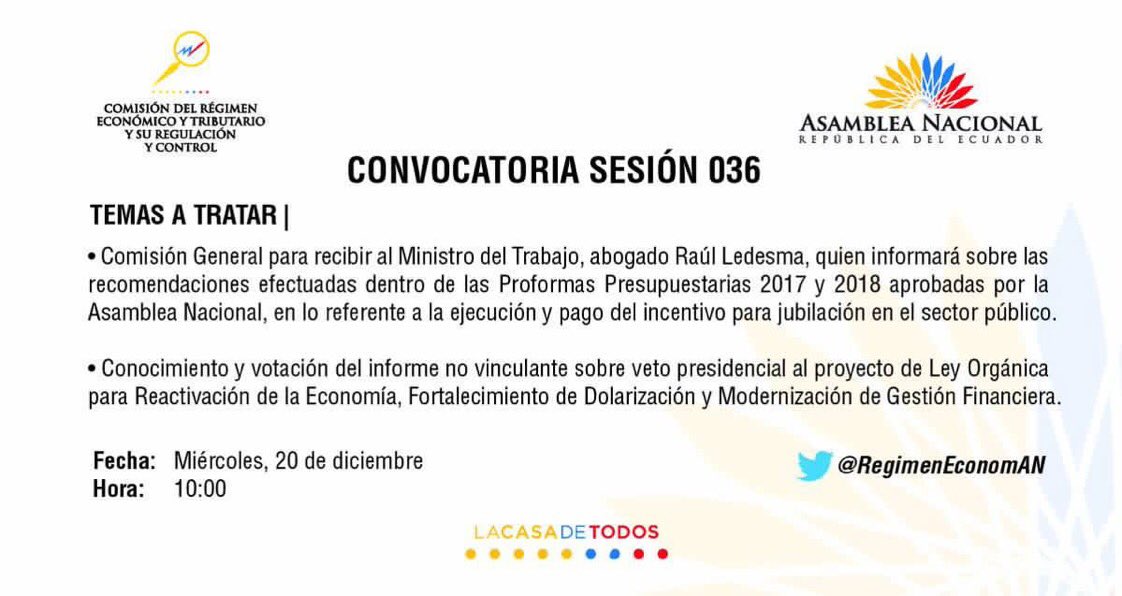 EstebanMeloG's tweet photo. Hoy| En la Sesión 036 de la Comisión @RegimenEconomAN recibimos a delegado del @MinTrabajoEc  quien informará sobre el pago de incentivo de jubilación a sector público. #Proforma2017 y #Proforma2018 @pabelml @AsambleaEcuador https://t.co/GMN0yqfmU8