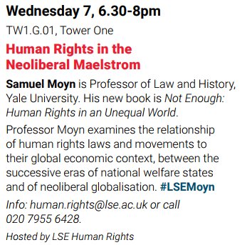 LSELaw's tweet photo. Looking forward to @samuelmoyn's lecture at LSE, "Human Rights in the Neoliberal Maelstrom," 7 February, 2018
@LSELaw @LSEHumanRights @LSEsociology @lsehistory @LSEHumanRights @ayca_cu https://t.co/opWndAWvbe