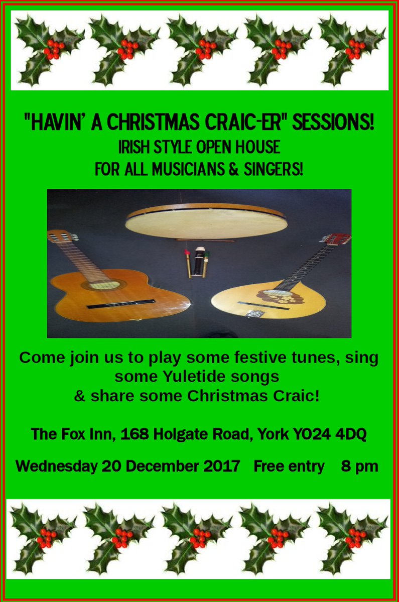 PaulaRyanMusic's tweet photo. TNITE! Our last "Havin' The #Craic #Sessions " of the year &amp; its going to be a real #Christmas CRAIC-ER! :-) 🎅❄️🍷🥃🎸🎻🎼Don' Miss It! Join us for #festive #Yuletide #music &amp; usual #tunes &amp; #songs #fun  All genres #styles abilities #Welcome #tistheseason ##LetsbeJolly https://t.co/Xu39DgyFxC