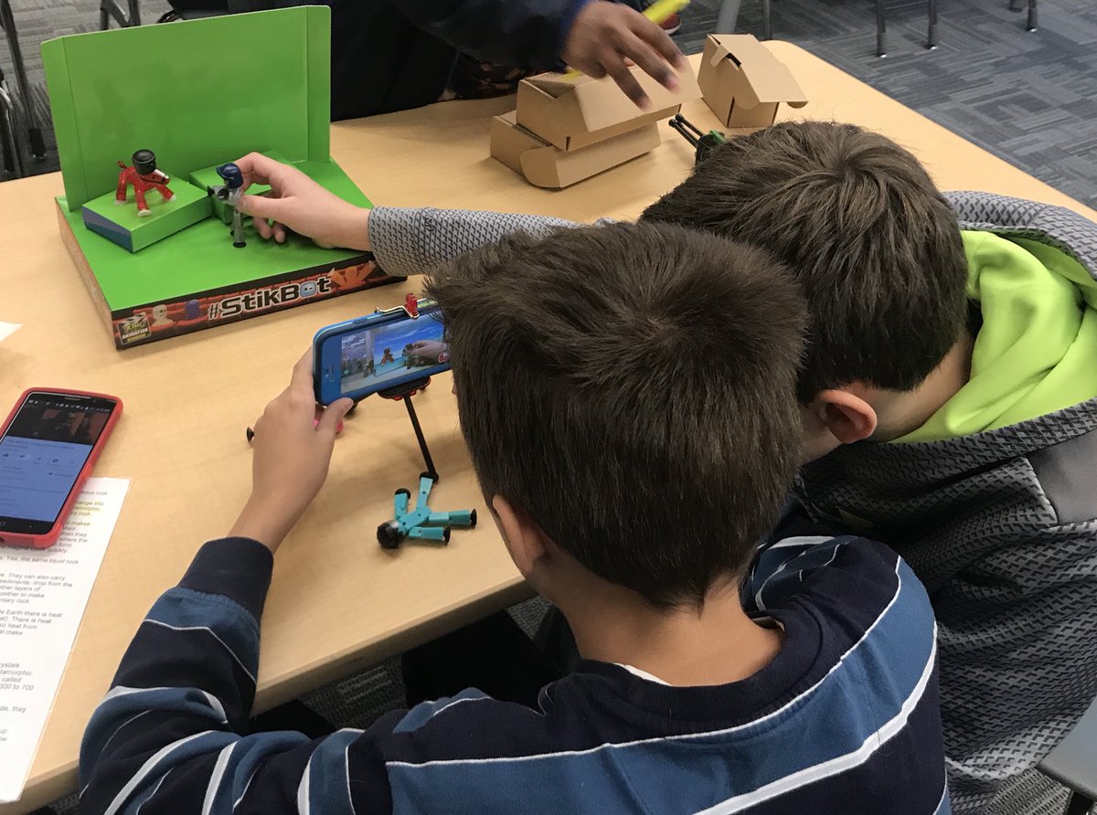 RHS_lib's tweet image. Science time in the library today.  Students are preparing presentations on the rock cycle using StikBot, PowerPoint, and iMovie.  @rjshsraiders