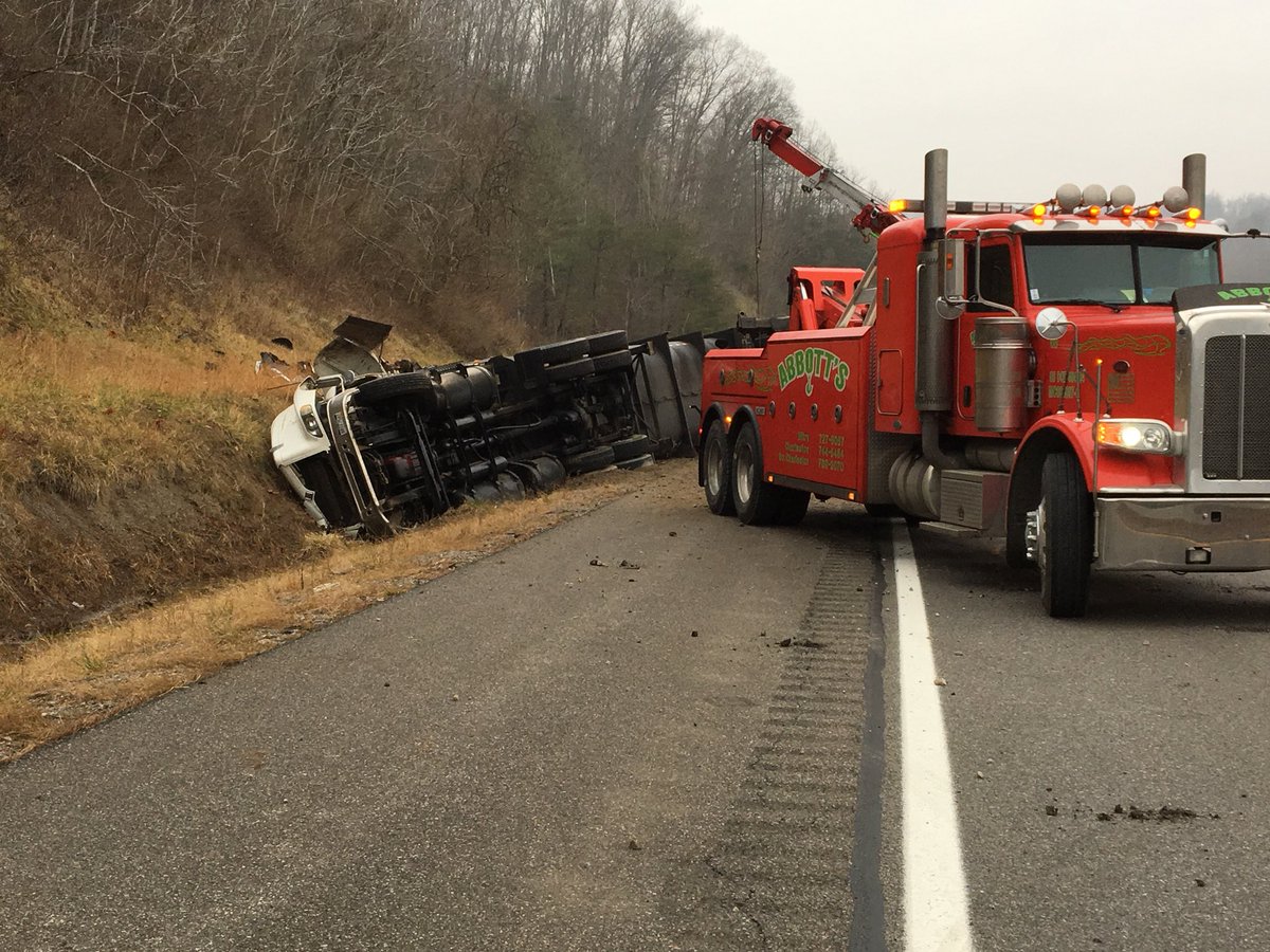 AllisonScottTV's tweet photo. Here’s the latest on the crash on I-79 S near Clendenin. Crews are working on getting the tractor-trailer back on its wheels. One lane is still closed. https://t.co/DKL2zGYWHP