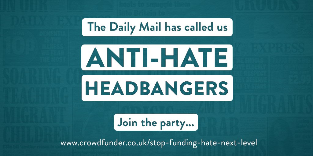 StopFundingHate's tweet photo. The Daily Mail has called us 'anti-hate headbangers'. Join the party...https://t.co/Z60EEtCrSk https://t.co/oKKv5dcMlE