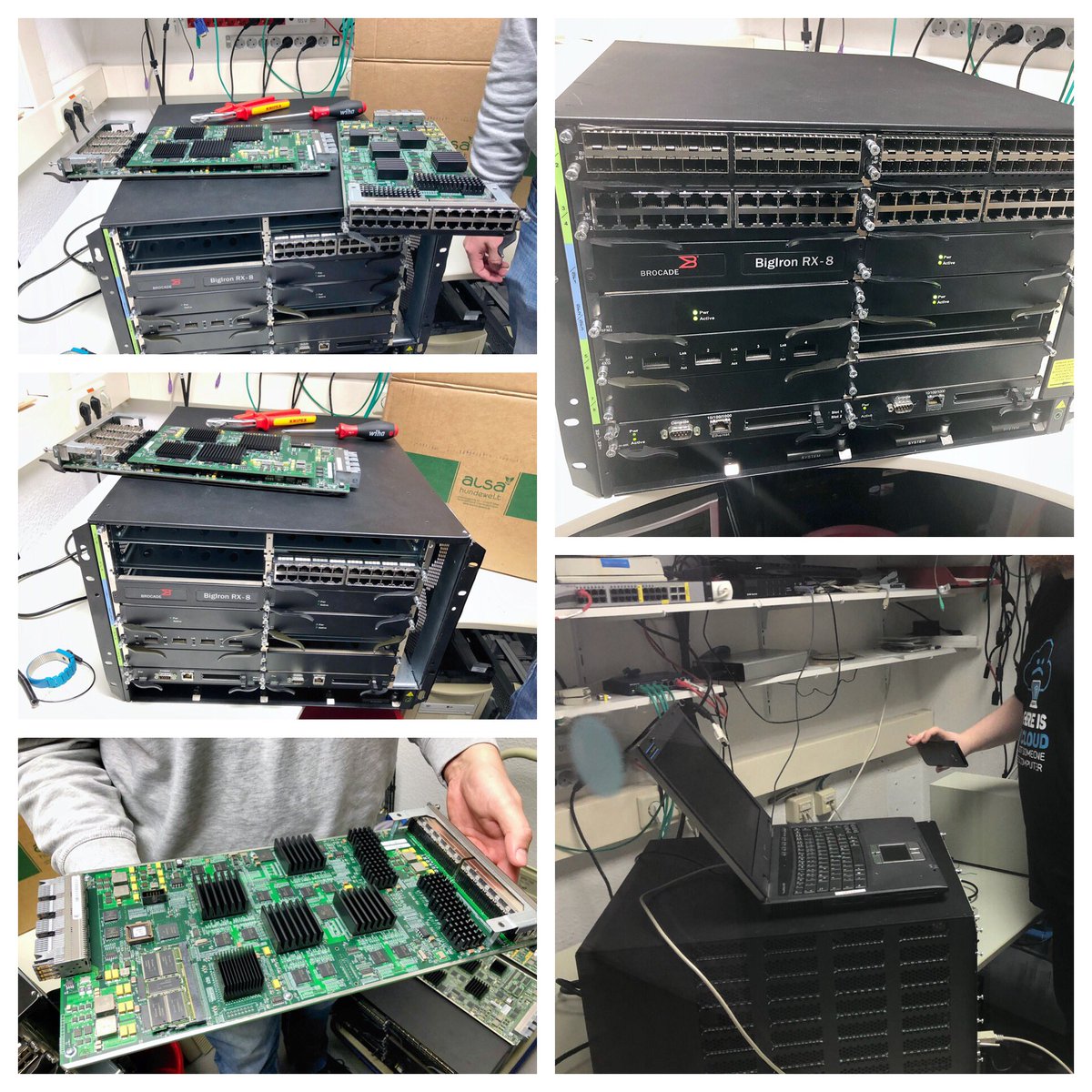 Wir rüsten weiter auf: 2 Router BigIron RX8 vom Brocade (Foundry) mit diversen Modulen, u.a. je 4x10 Gbit zur Anbindung und vielen Gbit Ports ...